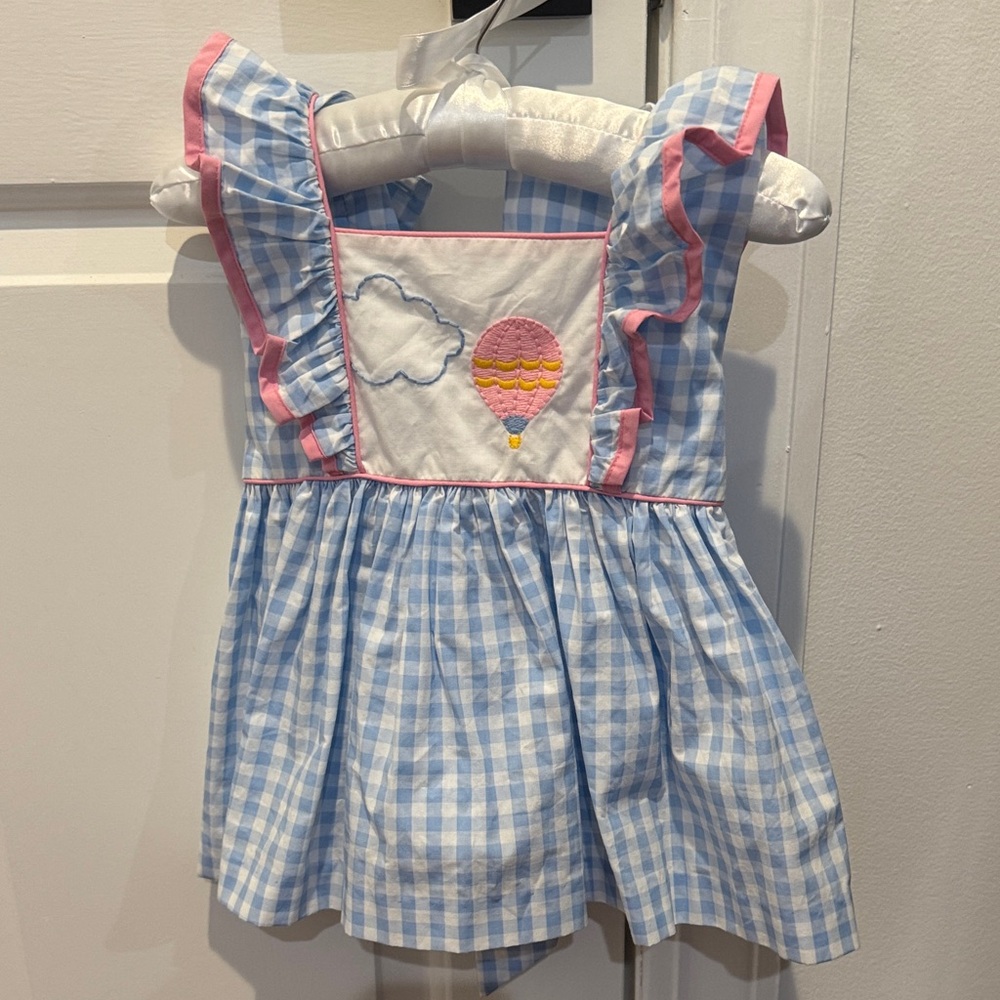 Blue Gingham Top with Hot Air Balloon Embroidery
